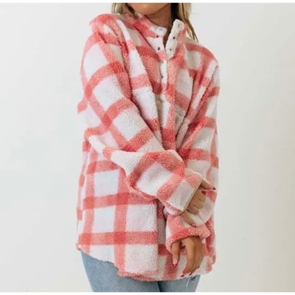 Andree By Unit Sherpa Pullover Sz 2X Pink Plaid Button Up Comfy Cozy‎ Oversized